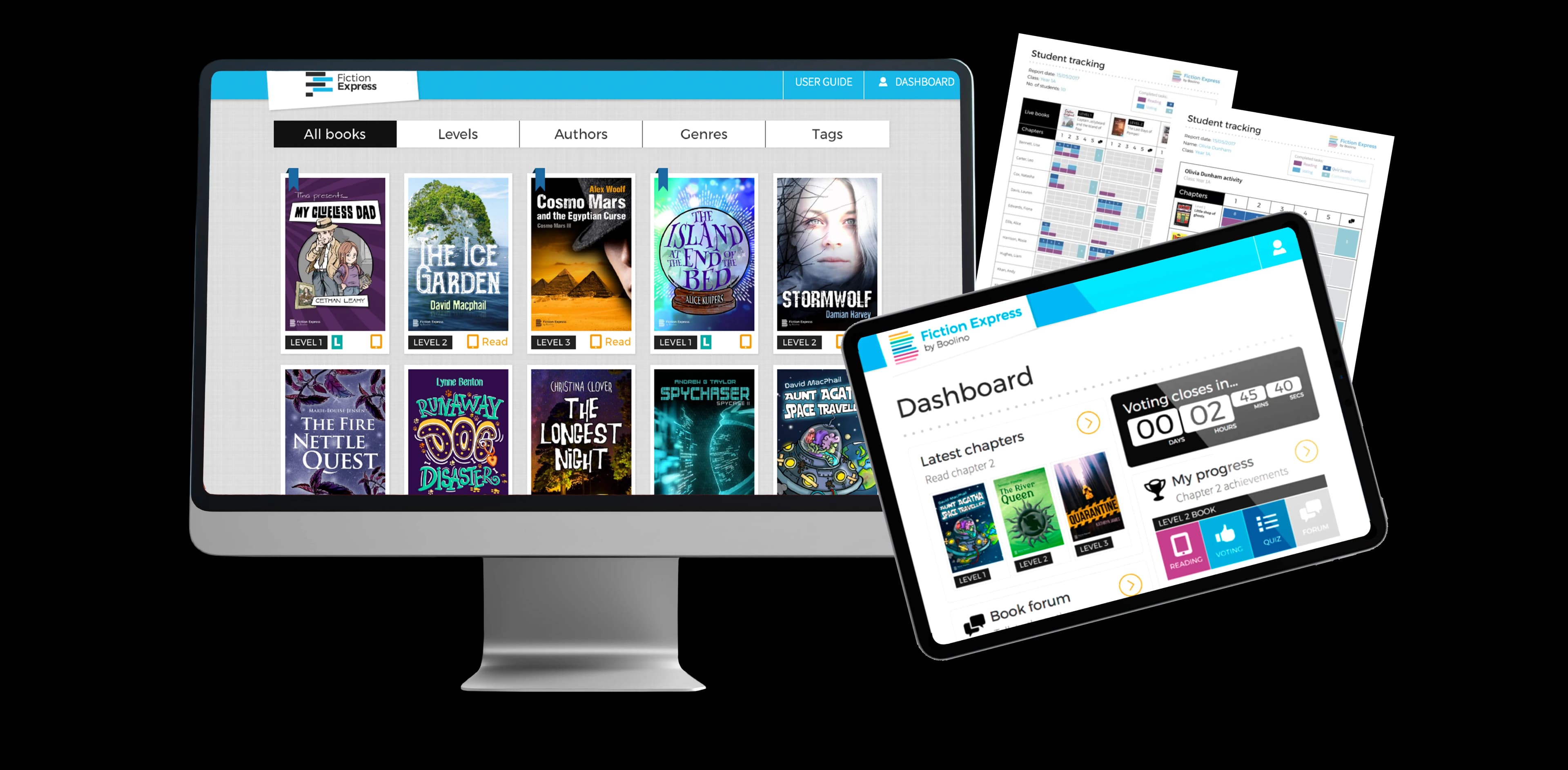 Fiction Express platform interface showing desktop and tablet views